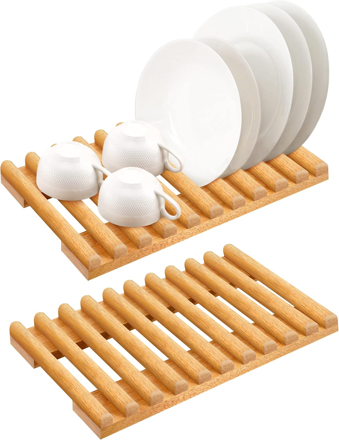 Solid Wood Kitchen Dish Drying Rack 10 Slots Plate Organizer for Cabinet New Apartment Essentials Plate Holder for Kitchen Display Countertop (Pack of 2)