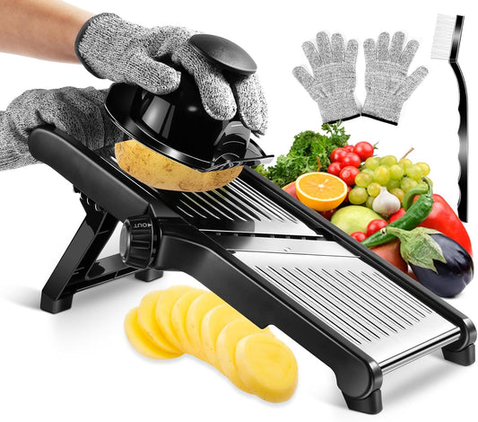 MASTERTOP Mandoline Slicer Adjustable Stainless Steel Food Slicer for Kitchen Vegetable Slicer Onion Potato Fruit French Fry Cutter Potato Chip Julienne Slicer with Cut Resistant Gloves