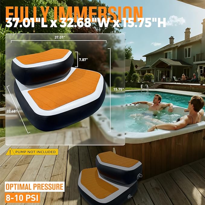 Inflatable Hot Tub Steps with EVA Non-Slip Surface, Drop Stitch Detachable 2-Piece Spa Stairs for Jacuzzi and Bathtub, Portable Durable Steps for Indoor and Outdoor Hot Tub, 37" × 32" × 15.7"