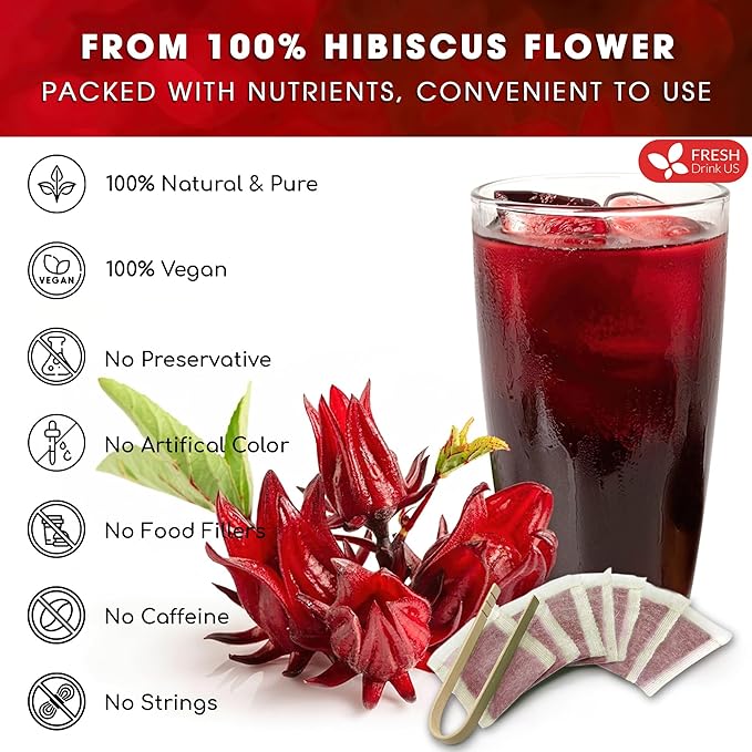 FreshDrinkUS, Premium 140 Hibiscus Flowers Tea Bags, 100% Natural, Handmade & Pure from Hibiscus Flowers. No Sugar/Caffeine/Gluten, Vegan. Tart & Refreshing, Hot or Ice Tea, Great For All Seasons