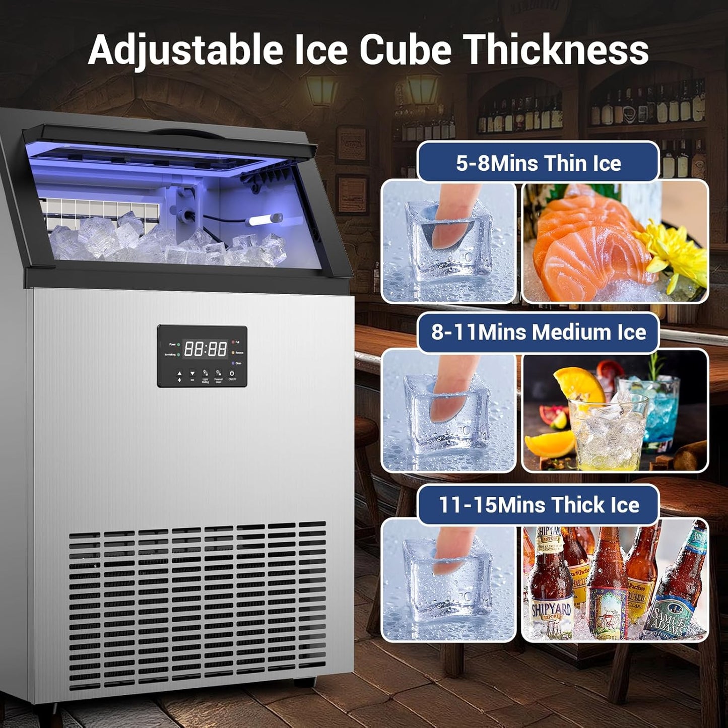 Commercial Ice Maker Machine 165Lbs/24H Stainless Steel Under Counter Ice Machine with 45lbs Ice Storage Capacity, Freestanding Ice Maker