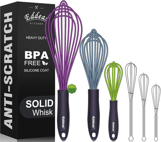 Whisk Eddeas Silicone Whisk Set of 6.Silicone whisks for cooking non Scratch.BPA Free and Dishwasher Whisk.7+9+11inch Colorful Wisk Great for cooking and Baking.（6pcs ）