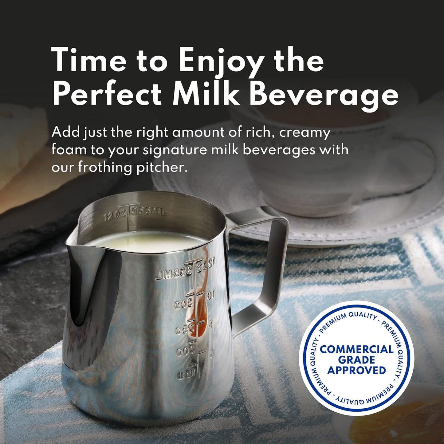 New Star Foodservice 28805 Commercial Grade Stainless Steel 18/8 Frothing Pitcher, 12-Ounce with Measurement Scale