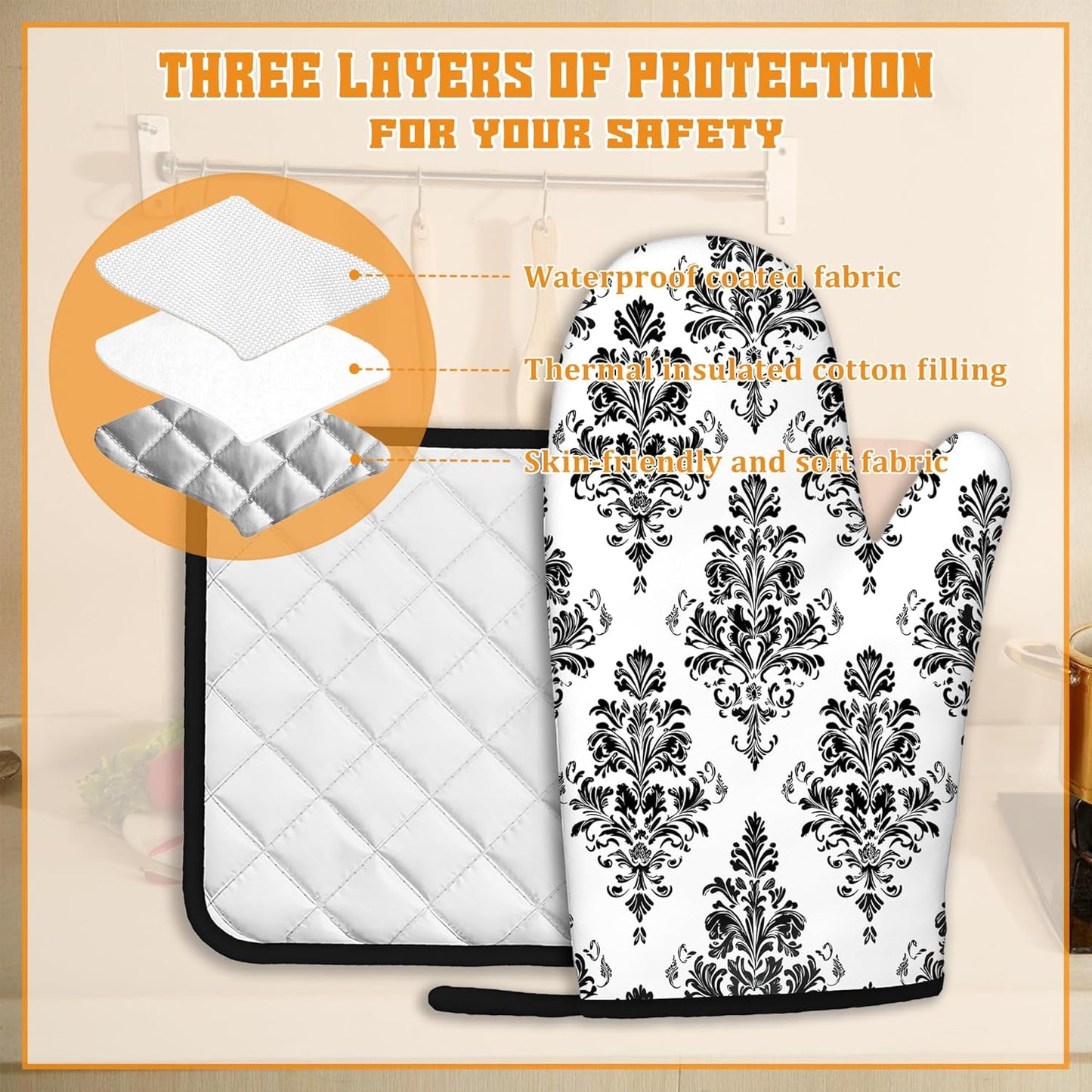 Vintage Damask Floral Oven Mitts and Pot Holders,Heat Resistant Oven Mitts Gloves and Pot Holder for Home Kitchen Decorations Cooking Baking BBQ Gifts,Set of 4