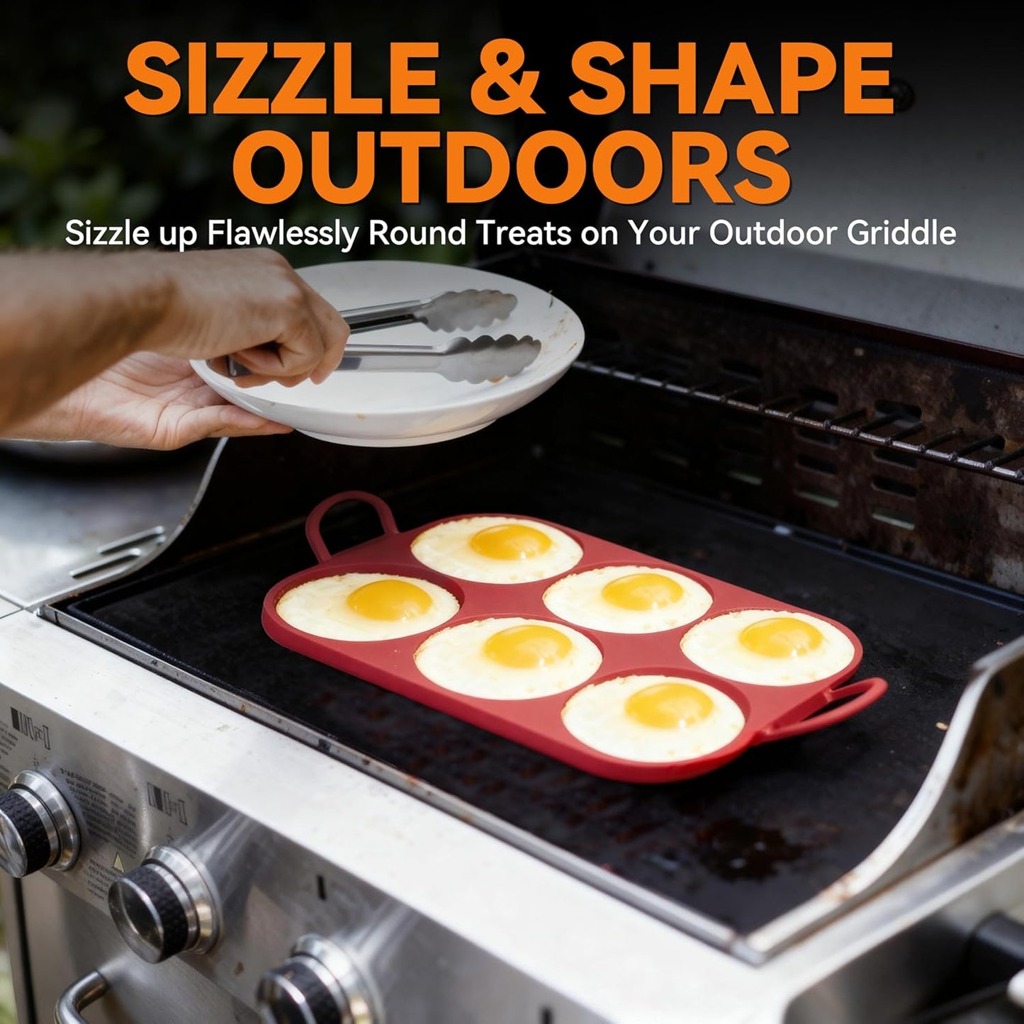 Baker's Friend 6 Round Silicone Egg Rings for Frying Eggs & Pancake, Non-Stick & Heat-Resistant, Ergonomic Handles, Omelette Ring for Griddle, 4 Inch, Red