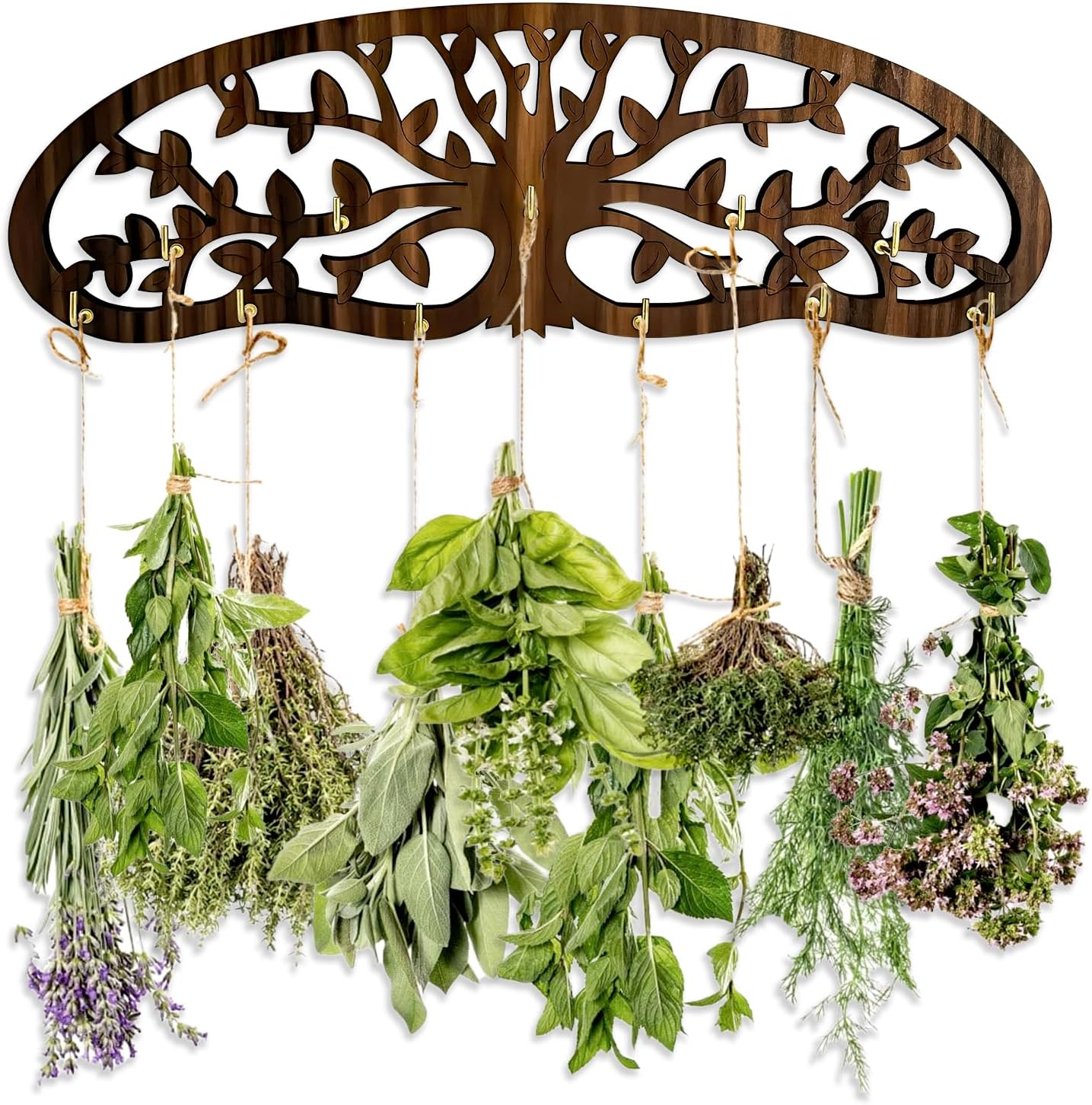 Herb Drying Rack - Wall Mounted Tree Design Holds 11 Bouquets, Space Saving Kitchen Herb & Flower Dryer, Rustic Wooden Hanging Decor for Gardeners, Crafters (dark brown)