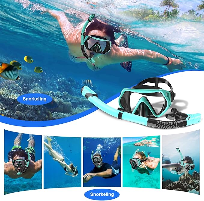Snorkeling Gear, Dry Snorkel Set180° Panoramic Wide View,Anti-Fog Scuba Diving Mask, Professional Snorkeling Gear for Free Breathing, Swimming, Diving