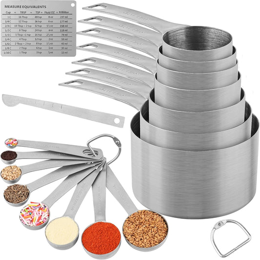Measuring Cups and Spoons Set, 7 Stainless Steel Measuring Cups and 8 Measuring Spoons and 1 Measurer Ingredient Leveler and 1Magnetic Conversion Chart and 2 Rings(19pcs)