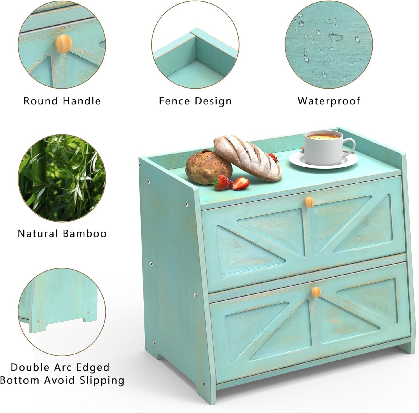 Vintage Double Layer Bread Box for Kitchen Counter Bamboo Bread Storage Container Large Capacity Bread Storage Bin (Antique Blue)