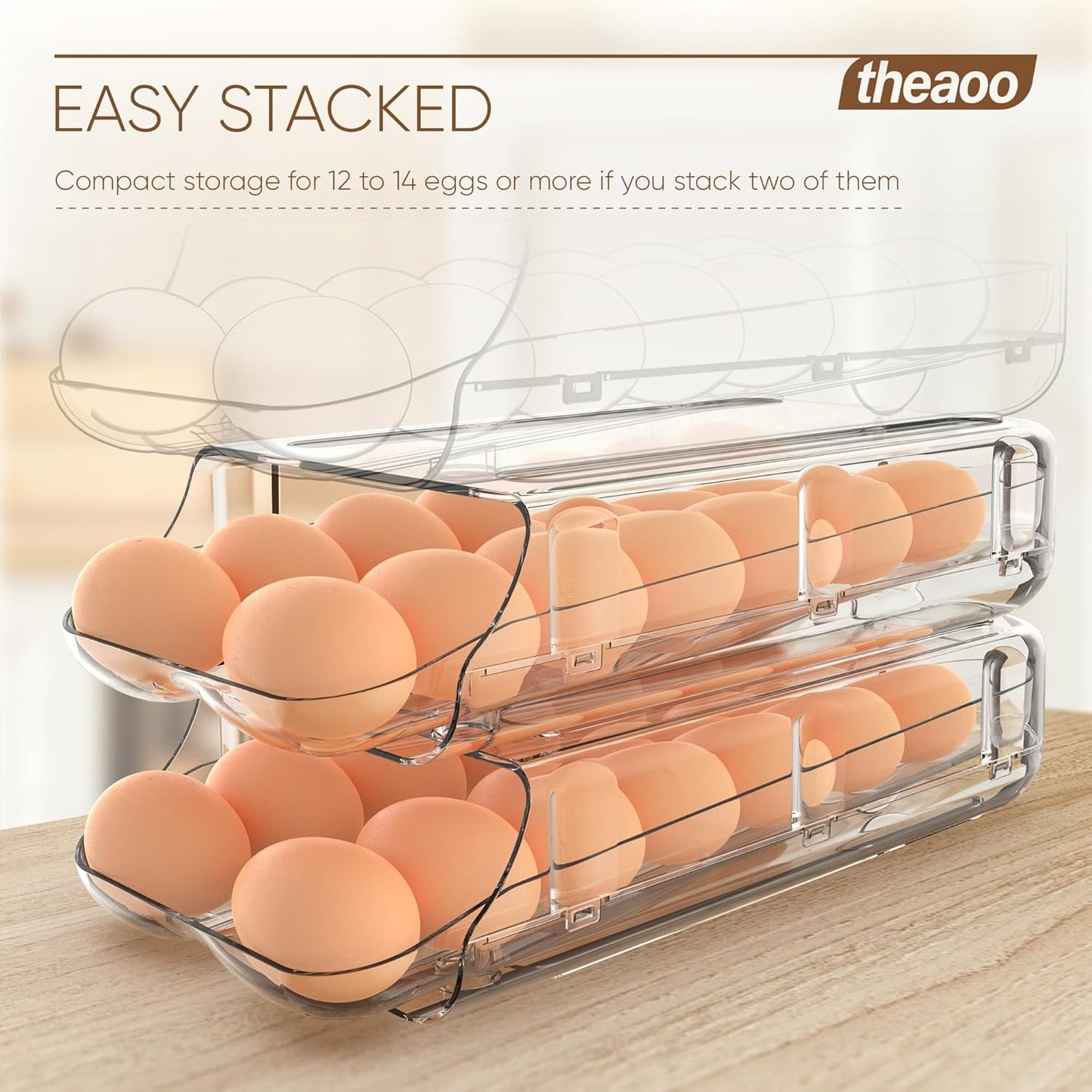 theaoo Egg Holder for Fridge, Automatic Rolling Egg Container for Refrigerator, Clear Plastic Egg Dispenser, Stackable Eggs Organizer with Quick Removable inner Tray For Organizers and Storage, 2Pack