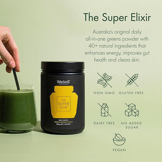 WelleCo The Super Elixir Daily Greens Powder, Probiotic Drink Mix with Whole Foods, Gluten Free, Vegan Gut Health Powder, Energy, Immunity, Healthy Skin, Hair & Nails (300g, Lemon Ginger)