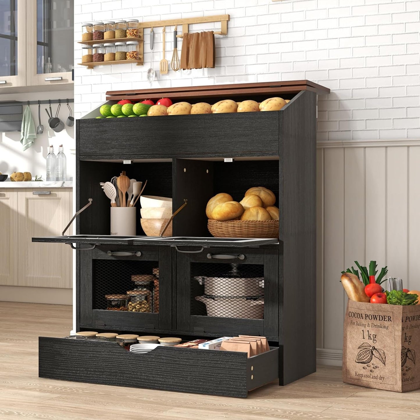 Patiorama Wood Potato and Onion Storage Bin Box, Large Vegetable Storage Box w/Lid,Wooden Bread Storage Bin w/4 Mesh Doors,Movable Bottom Drawer, Farmhouse Potato Storage Bins for Kitchen Pantry Black