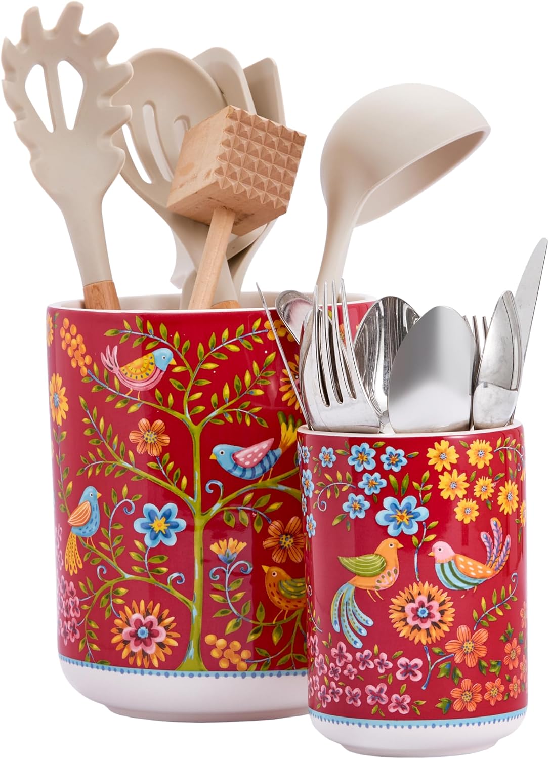 Bico Red Spring Bird Ceramic Utensil Holder Set of 2, Ceramic Kitchen Utensil Crocks for Countertop, Large Cooking Tool Holder Counter Decor, Spatula Organizer