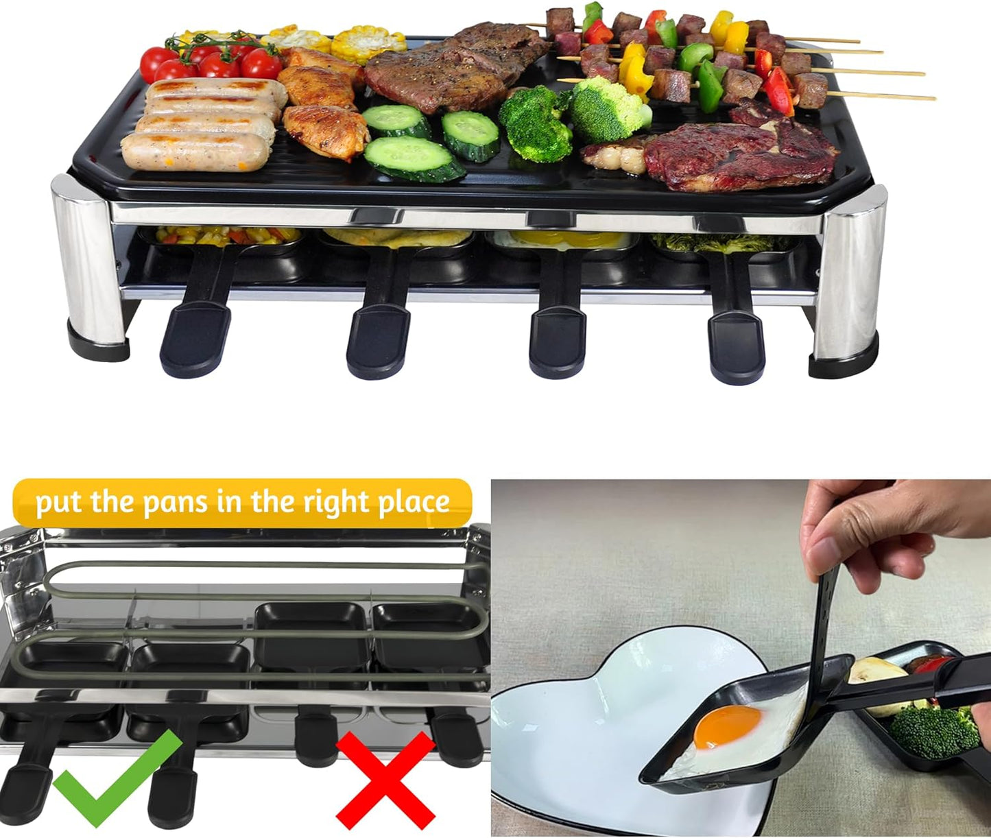 TAMARIT 8-Person Raclette Grill, Electric Party Grill with Nonstick Plate, 8 Pans & Spatulas, 1500 W (Indoor), Stainless Steel