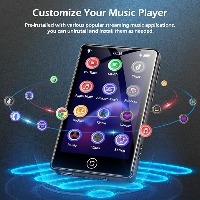 128GB MP3 Player with Bluetooth and WiFi, Android 14, 4GB RAM Portable HiFi Lossless, MP3 & MP4 Player for Kids with 4" Touchscreen, Music Player with Spotify, Amazon Music, Pandora, Play Store, Black