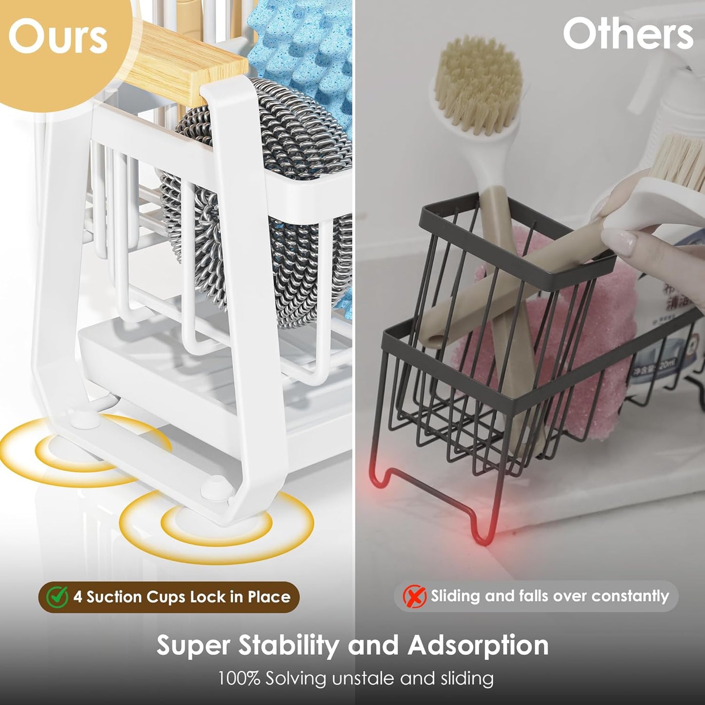 Doasuwish Kitchen Sink Caddy with High Brush Holder,Self-Draining kitchen Countertop Organizer,Rustproof 304 Stainless Steel,Non-Slip Stability High Storage Sponge Holder for Kitchen Sink White