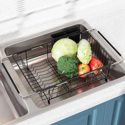 JASIWAY Dish Drying Rack in Sink, Over The Sink Colander Strainer Basket, Stainless Steel Strainer Basket with Expandable Rubber Grip Handles for Vegetables, Fruits, Home Kitchen Essentials, Black