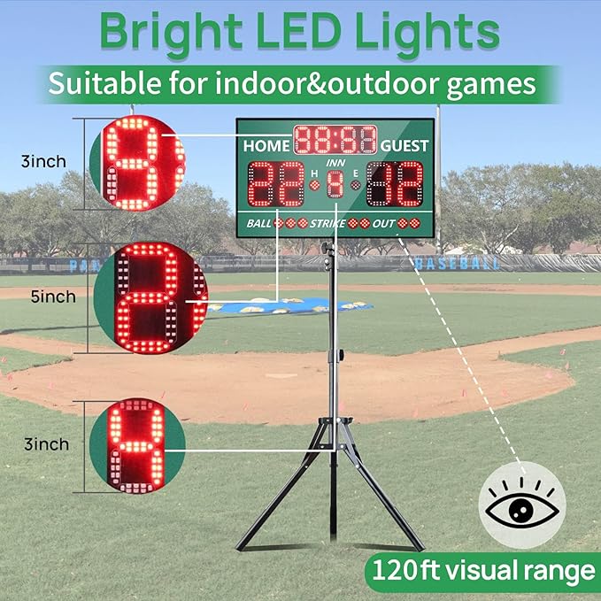YZ Digital Baseball Scoreboard with Timer Clock, LED Outdoor Electronic Softball Scoreboard, Digital Scoreboard with Remote, Portable Baseball Scoreboard, Score Keeper with Inning/Ball/Strike/Out