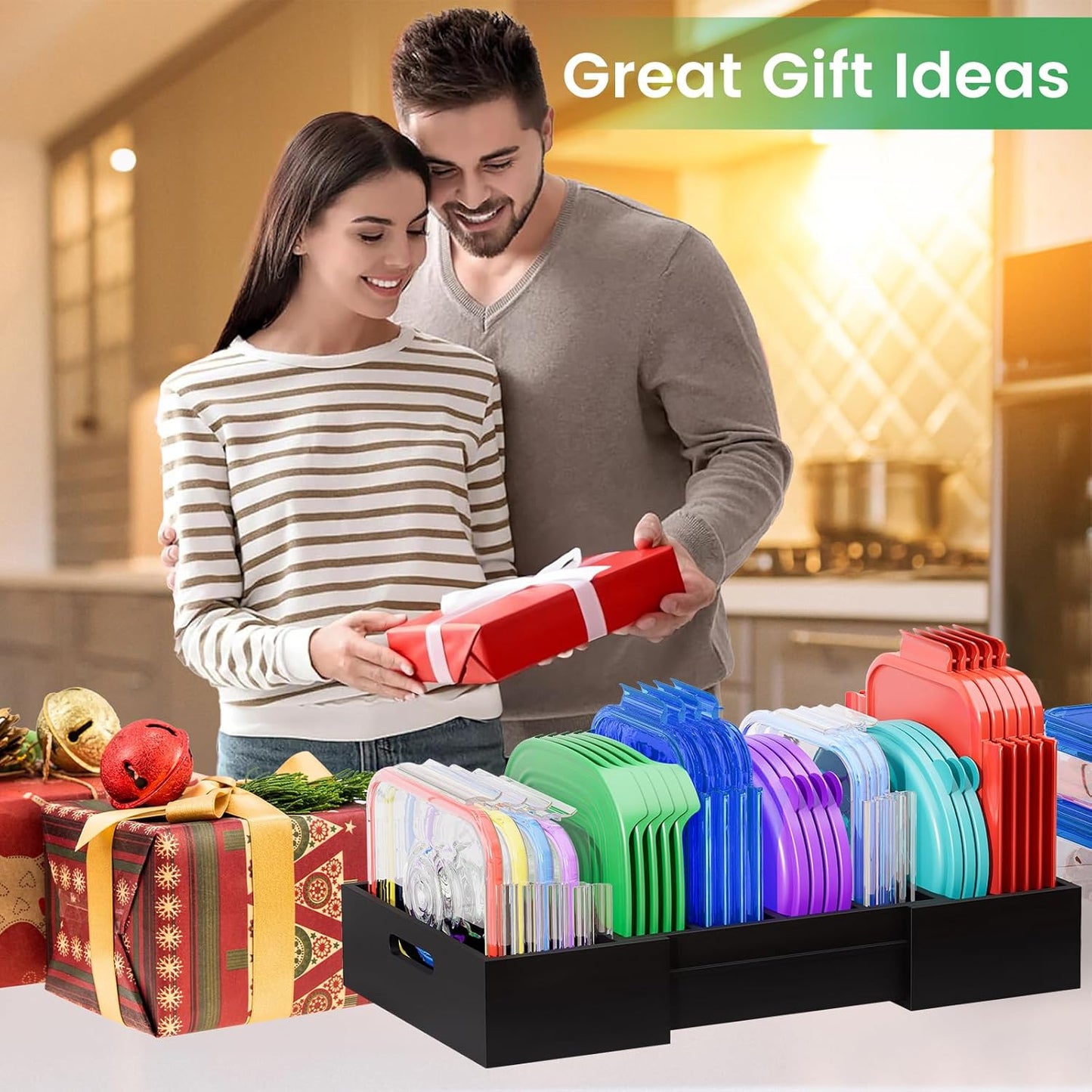 Expandable Bamboo Lid Organizers Inside Cabinet, Kitchen Cabinet Organizers with 3 Adjustable Dividers, Storage Plastic Lids, Food Container Lid Holder Organizer for Drawer Pantry, Black