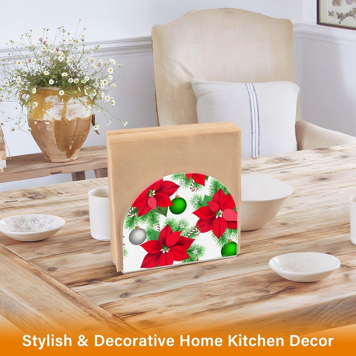Christmas Poinsettia Flowers Balls Napkin Holder for Table Paper Napkins Holder Acrylic Tissue Dispenser Kitchen Dining Room Bathroom Party Car Decor