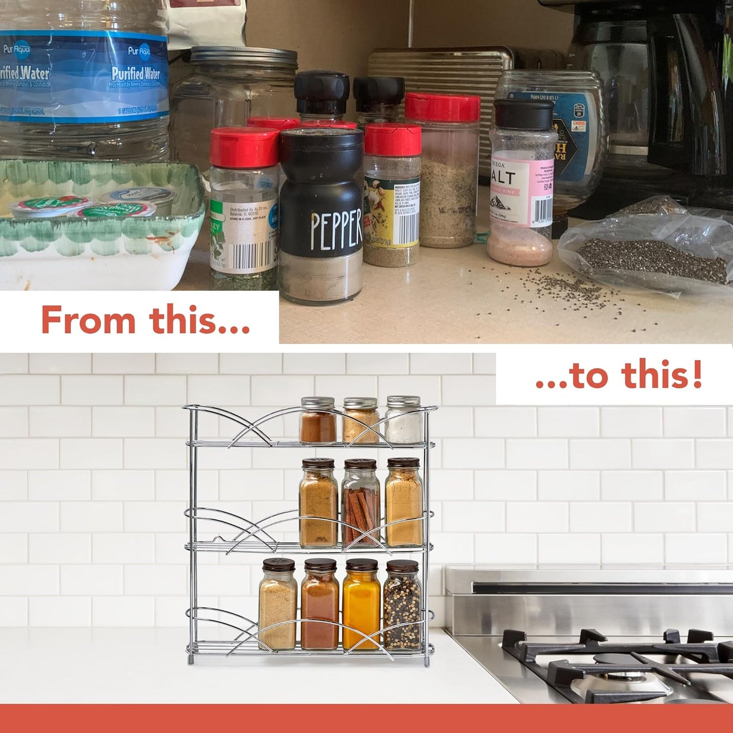 Spectrum Diversified 3-Tier Spice Rack Shelf Organizer for Kitchen Countertop, Pantry, Bathroom, or Closet with Optional Wall Mount, Black