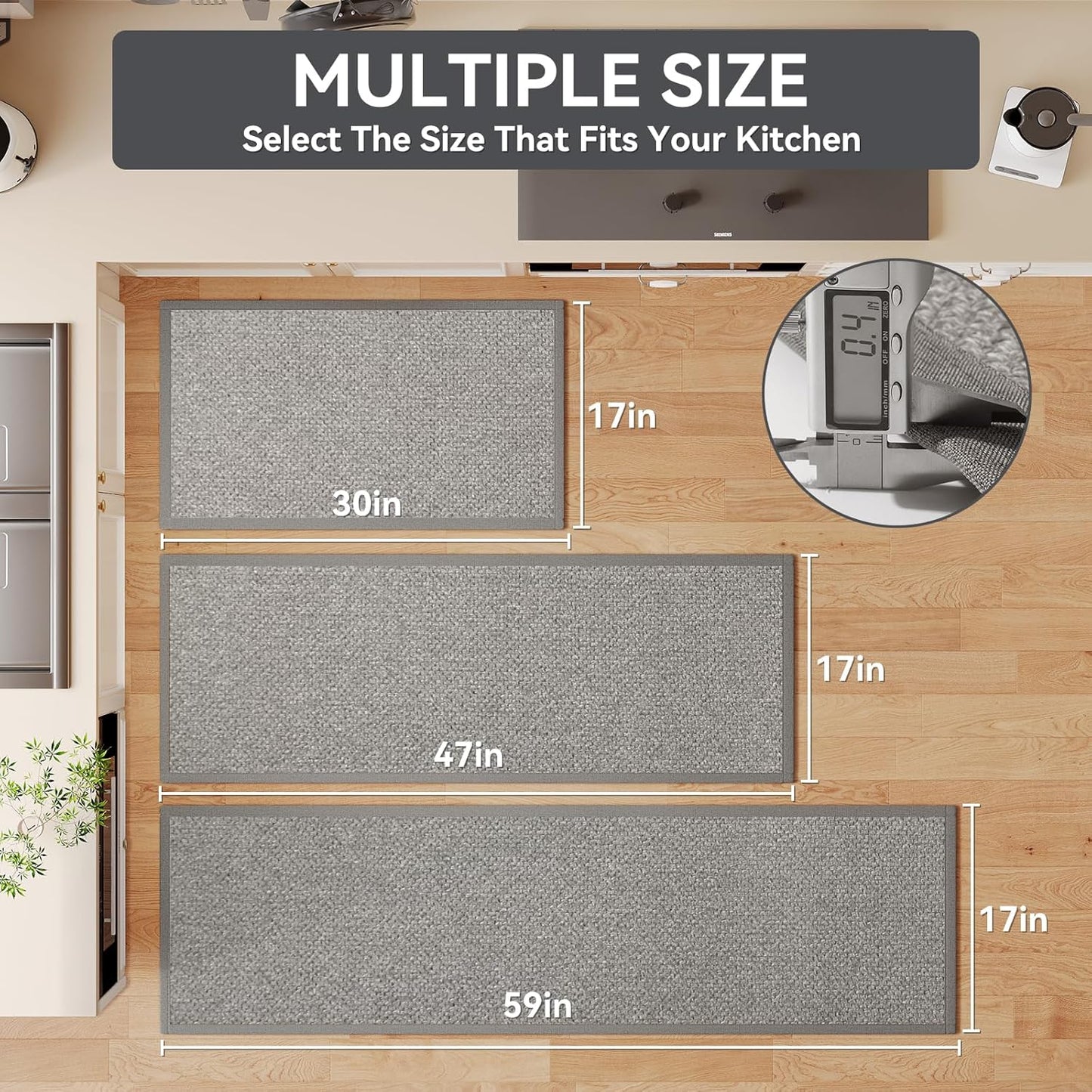 Anti Fatigue Kitchen Mats for Floor, 0.4" Thick Soft Cushioned Super Absorbent Kitchen Rugs Non Slip Washable Jute-Like Woven Sink Mat Standing Mat for Kitchen, Laundry, Easy Care, Gray 17"x30"