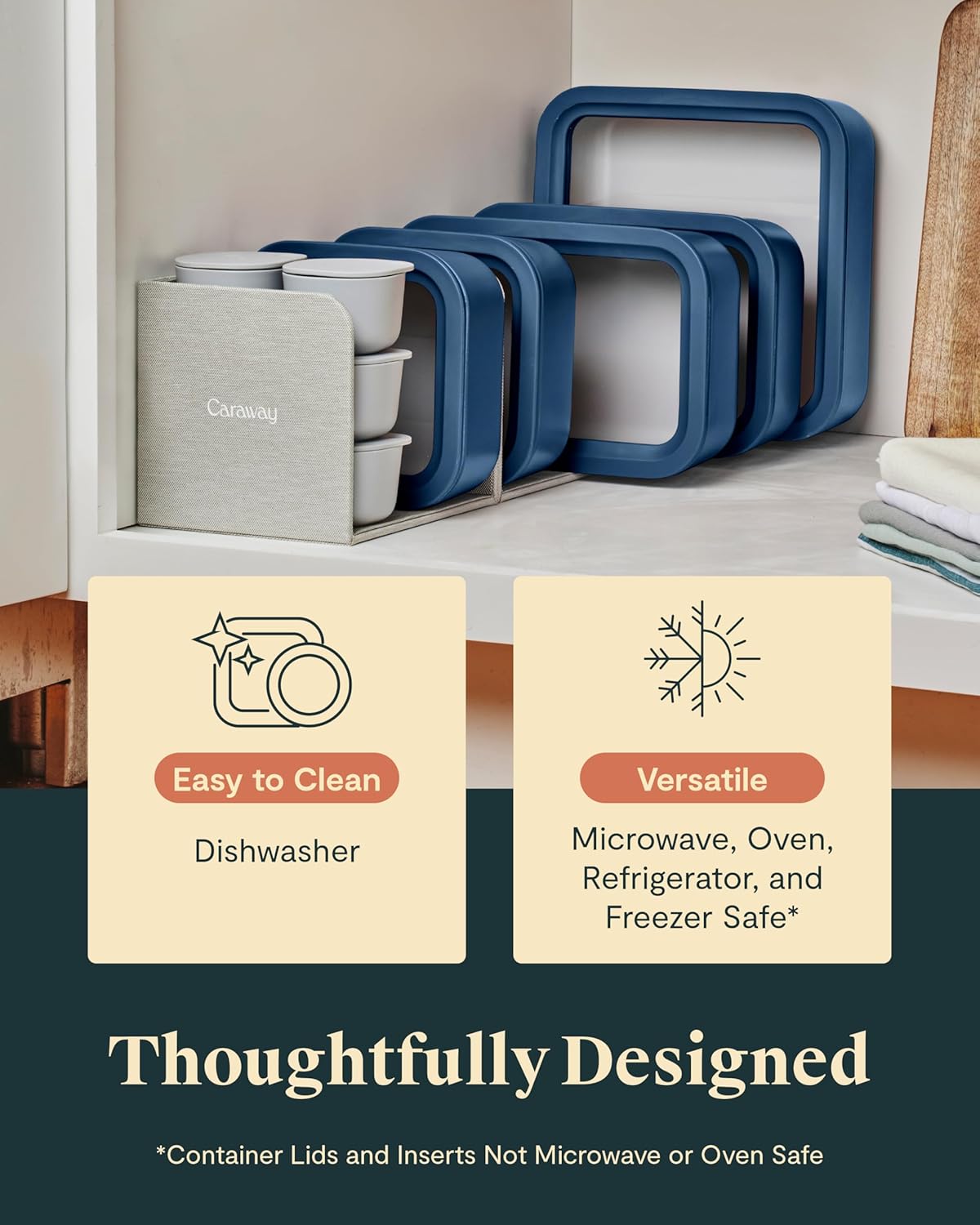 Caraway 14pc Glass Food Storage Container Set - Easy to Store, Non Toxic Lunch Box - with Glass Lids - Includes Storage Organizer & Dot & Dash Inserts - Mist