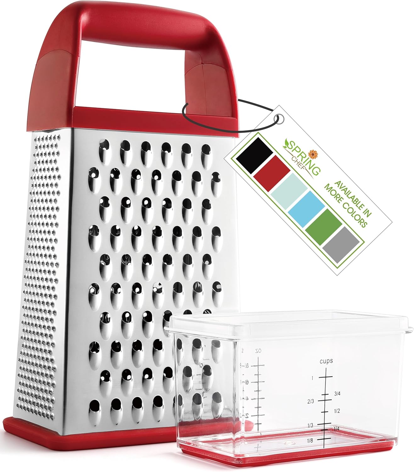 Spring Chef Professional Red 10" Parmesan Cheese Grater With Container, Stainless Steel & Soft Grip Handle, 4 Sided Kitchen Carrot Shredder, Handheld Box Grater for Potato, Veggie, Ginger, Hashbrown