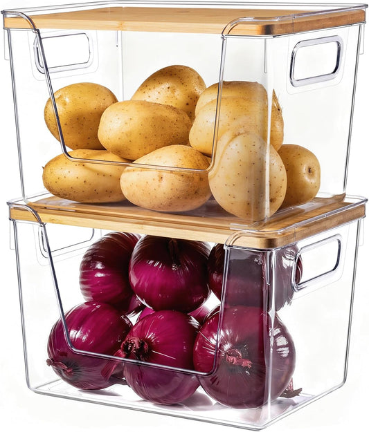 Criusia 2 Set Pantry Organizers and Storage with Bamboo Lids, Stackable Clear Bins for Onion, Potato, Fruit, Vegetables, Trash Bag Dispenser for Kitchen and Under Sink Organization