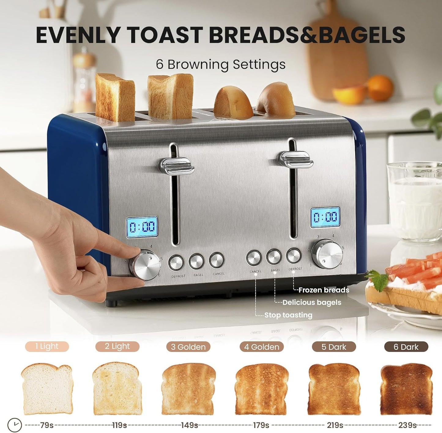 Countdown Stainless Steel 4 Slice Toaster with Bagel, Defrost, Cancel Function, Dual Toaster, Extra Wide Slots, 6 Shade Settings, Removable Crumb Trays, 1650W, Blue