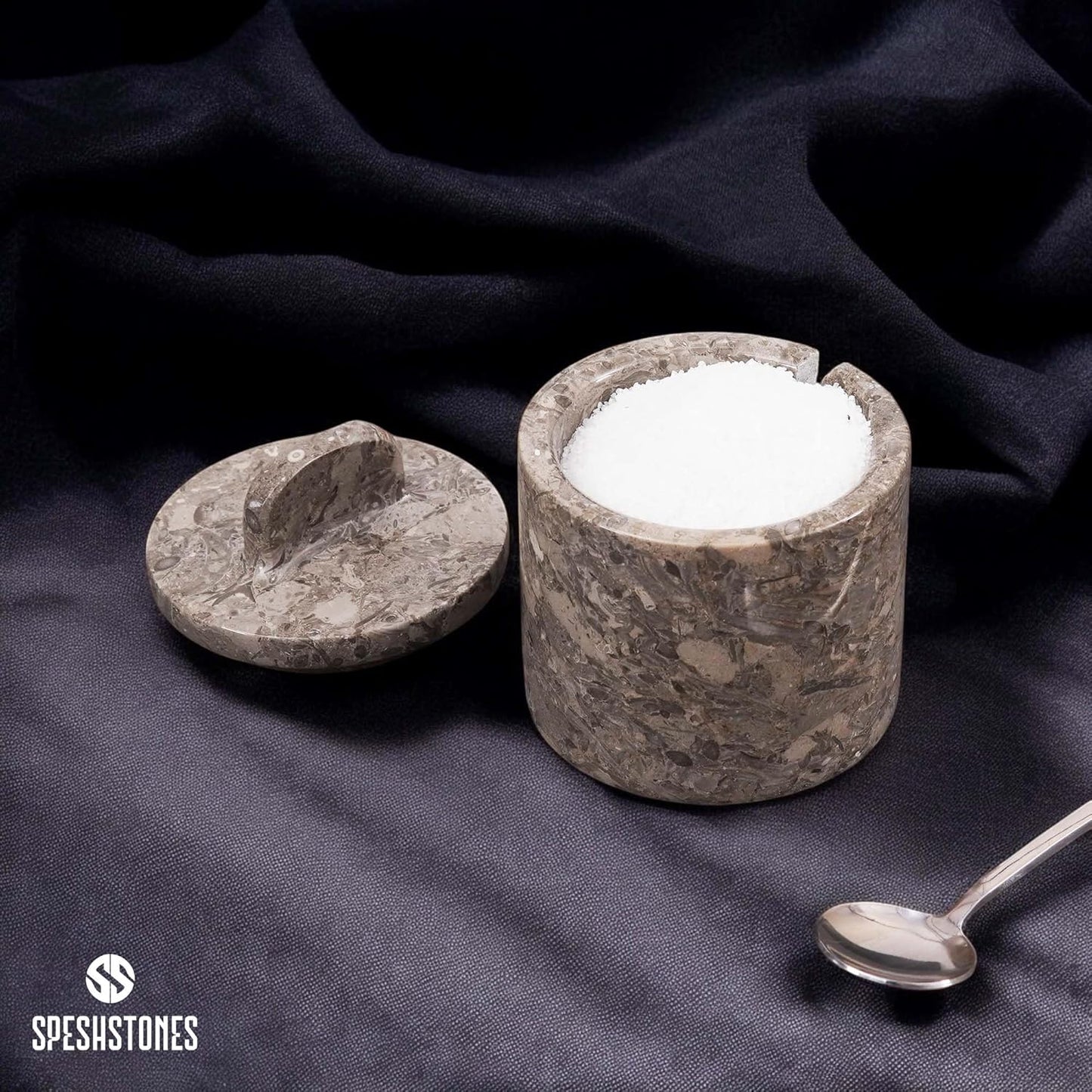 Marble Salt Cellar with Lid and Spoon 4 Inch Oceanic Handmade Spice Jars for Kitchen Storage - Flaky Salt Holder, Decorative Sugar Bowl & Small Seasoning Containers for Countertop Decor