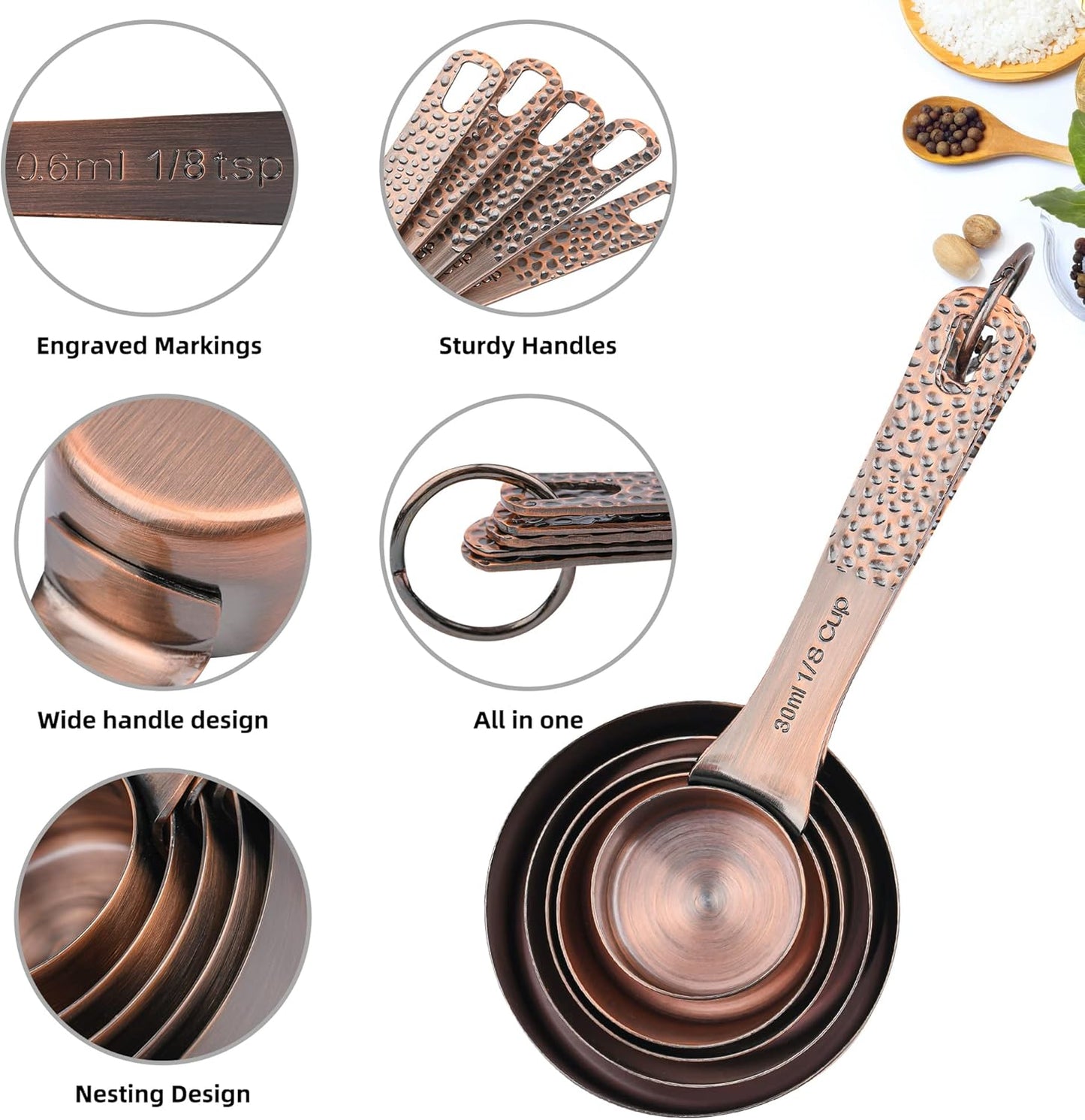 Copper Measuring Cups and Spoons set, Stainless Steel Measuring Cups and Spoons set for Baking & Kitchen, Metric & US 5 Copper Measure Cup and 6 Measure Spoons and 1 Ingredient Leveler