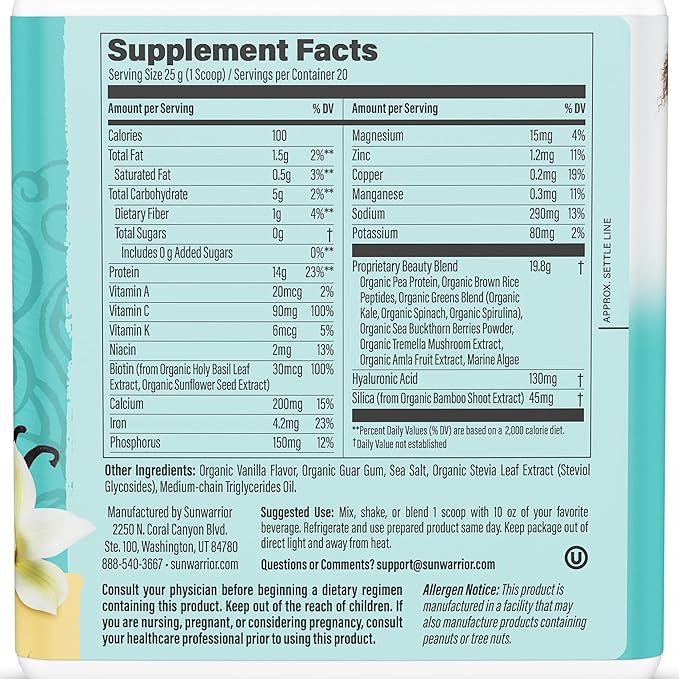 Vegan Collagen Protein Powder Plant-based | Hyaluronic Acid Minerals Biotin Soy Free Dairy Free Gluten Free NON-GMO | Vanilla 20 Servings | Collagen Building Peptides by Sunwarrior