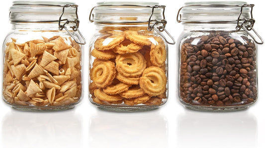 Vtopmart 34oz Glass Food Storage Jars with Airtight Clamp Lids, 3 Pack Kitchen Canisters for Flour, Cereal, Coffee, Pasta and Canning, Square Mason Jar with 8 Chalkboard Labels