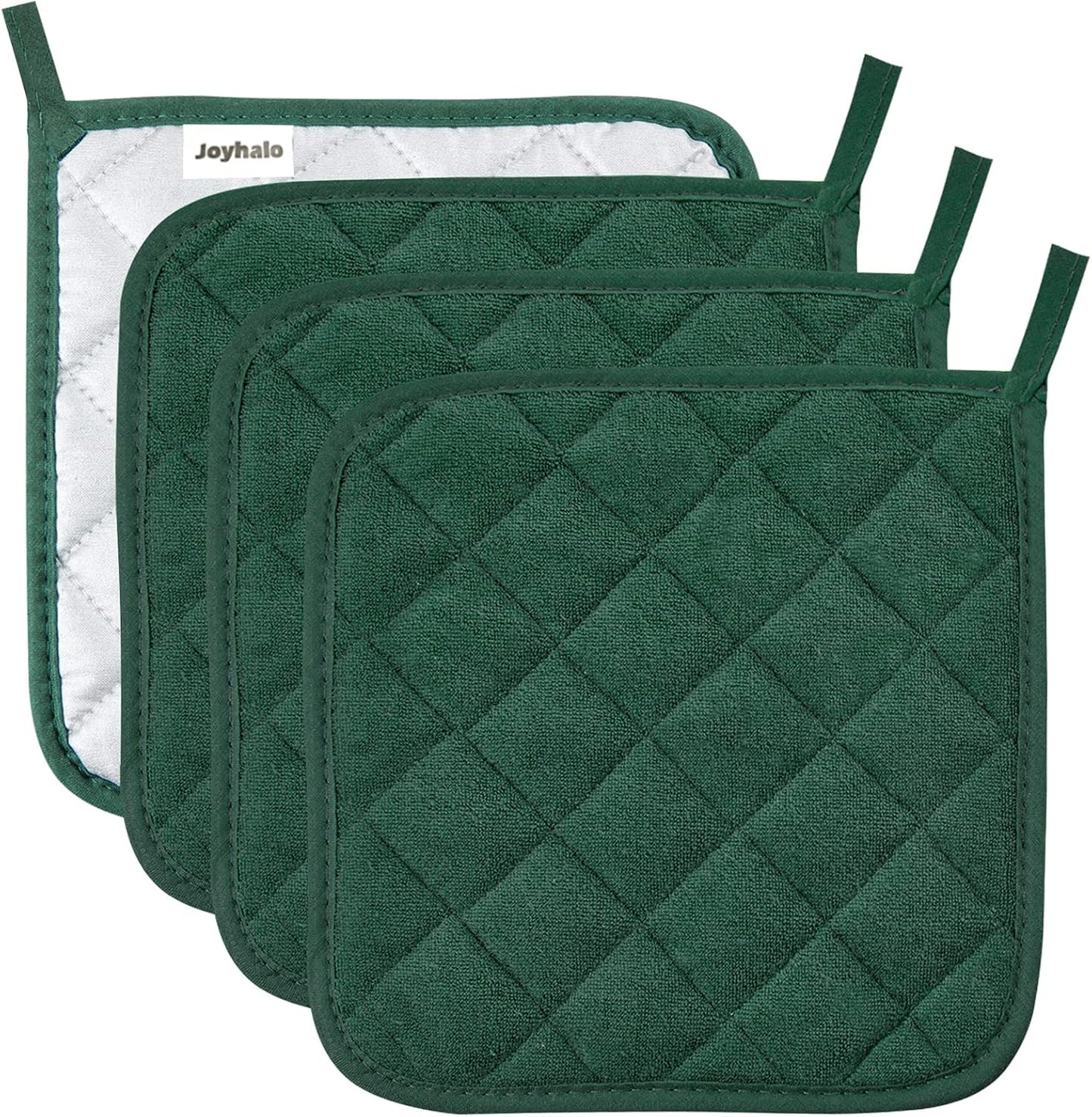 Joyhalo 4 Pack Pot Holders for Kitchen,Cotton Oven Holder with Great Heat Resistance,Non Slip Hot Pads for Kitchen Clearance,Dark Green
