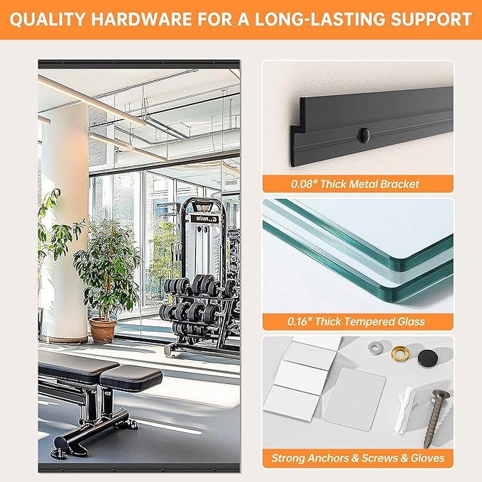 Hasipu 2 Pcs 94''x39'' Home Gym Mirror Large Full Length Wall Mounted Full Body Mirror for Yoga Dance Fitness Exercise Studio Bedroom Garage, Frameless Tempered Glass Workout Mirrors Black Rectangular