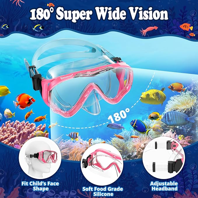 U PHITNIS Kids Snorkel Set for Age 4-14 - Dry Top Snorkeling Gear for Kids Junior & Youth - Childs Diving Mask with Big Eyes for Boys Girls - Anti-Fog Snorkeling Mask and Snorkel Set