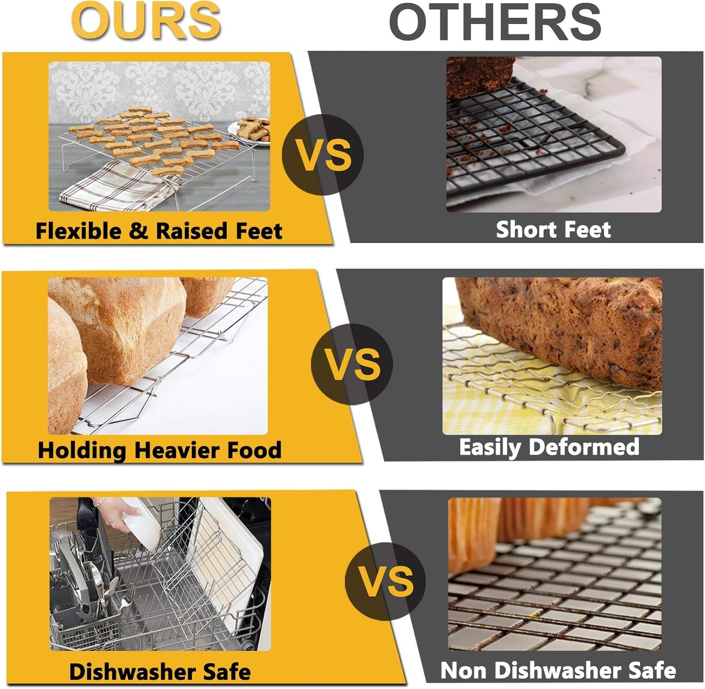 P&P CHEF 4-Tier Cooling Rack Set, Stainless Steel Stackable Baking Cooking Racks for Cooling Roasting Cooking, Raised & Folding Feet, Oven Safe & Easy Clean, 15" x 10", Silver