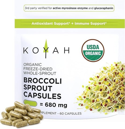 KOYAH Organic Broccoli Sprout Capsules – Freeze-Dried Whole Broccoli Sprouts – 3rd Party Tested for Active Myrosinase & Glucoraphanin (Sulforaphane Glucosinolate) - 60 Capsules