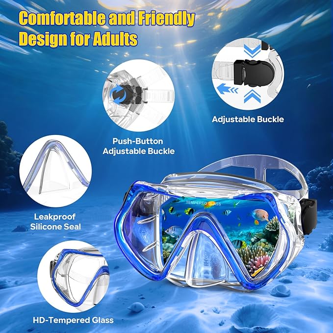 Snorkeling Gear, Dry Snorkel Set180° Panoramic Wide View,Anti-Fog Scuba Diving Mask, Professional Snorkeling Gear for Free Breathing, Swimming, Diving