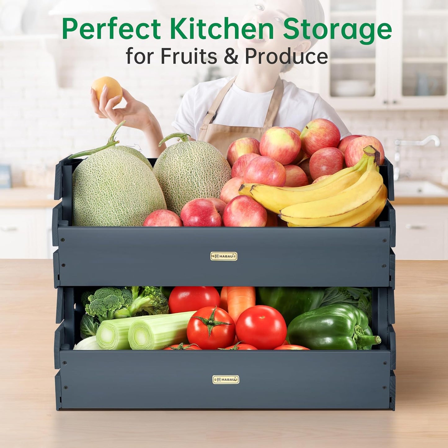 HABAU Wood Potato Onion Storage Bins - Wooden Stackable Produce Basket - Fruit Vegetable Storage for Kitchen Pantry Organization, Set 2 Pieces