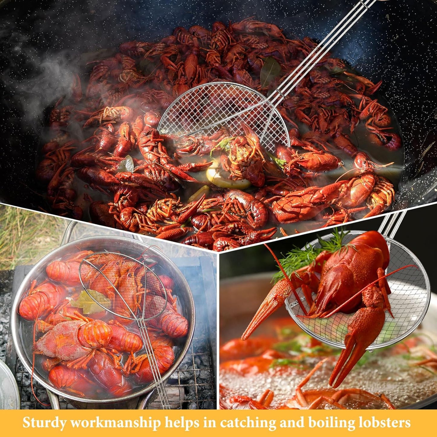 Baderke 2 Pcs 36 Inch Round Plated Wire Skimmer Stainless Steel Food Strainer Spoon Mesh Stirring Fryer Skimmer with Long Handle for Kitchen Fried Food Cooking Straining Frying