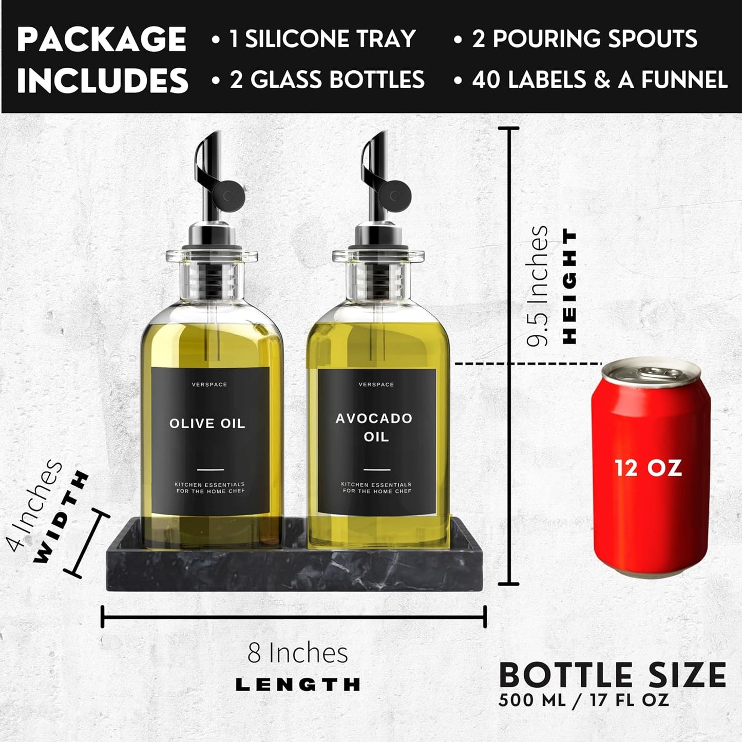 Olive Oil Dispenser Set With Silicone Tray & 40 Labels - 2 Black Bottles (500ml / 17oz) for Kitchen, Soy Sauce, Coffee Syrup