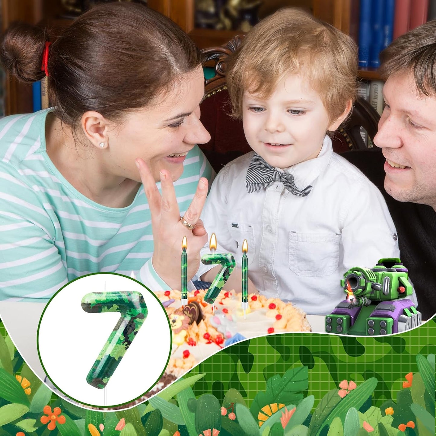 13 Pcs Camo Themed Birthday Candles 12 Army Themed Birthday Cake Candles and Number 7 Candle Cake Topper for Birthday Party Camouflage Motif Party Hunting Themed Party Decoration Supplies (Number 7)