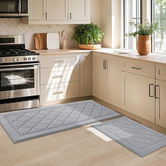 JSEI Non-Slip Kitchen Rugs, Self Adhesive No Sliding Kitchen Mats Set of 2, Soft Washable Absorbent Floor Mat for Kitchen, Bathroom, Laundry Room, Bedroom, 20”x32”+20”x48”, Light Grey, Diamond Pattern