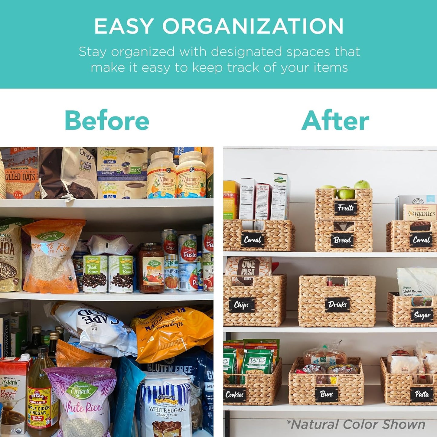 Best Choice Products Pantry Baskets Set of 2 16x12in Water Hyacinth Storage Baskets, Woven Wicker Kitchen Organizers with handles w/Chalkboard Label Chalk Marker - Black