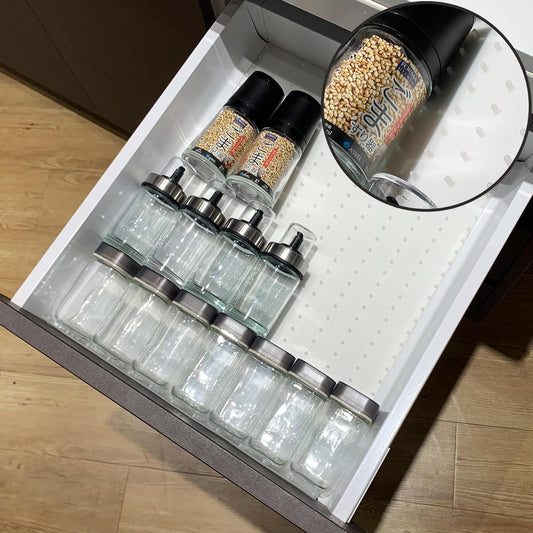 Gosmol Spice Drawer Organizer insert, Adjustable & Non-Slip Silicone Spice Drawer Liner, in Drawer Spice Organizer for Seasoning Jars and Spices Bottles -White