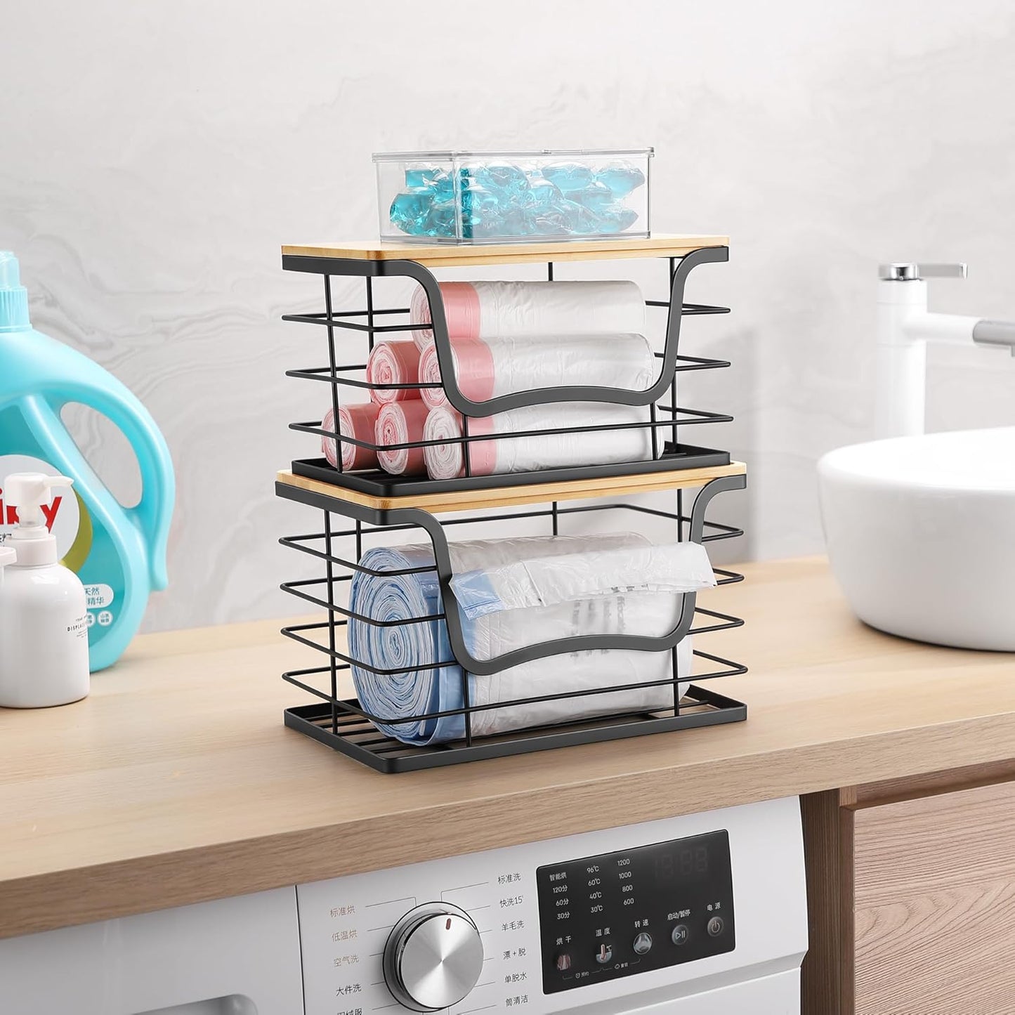 Trash Bag Dispenser Holder for Kitchen 2 Pack Laundry Room Trash Bag Holder Wall Mount Garbage Bag Dispenser Stackable Roll Holder with Bamboo Top for Countertop, Under Sink