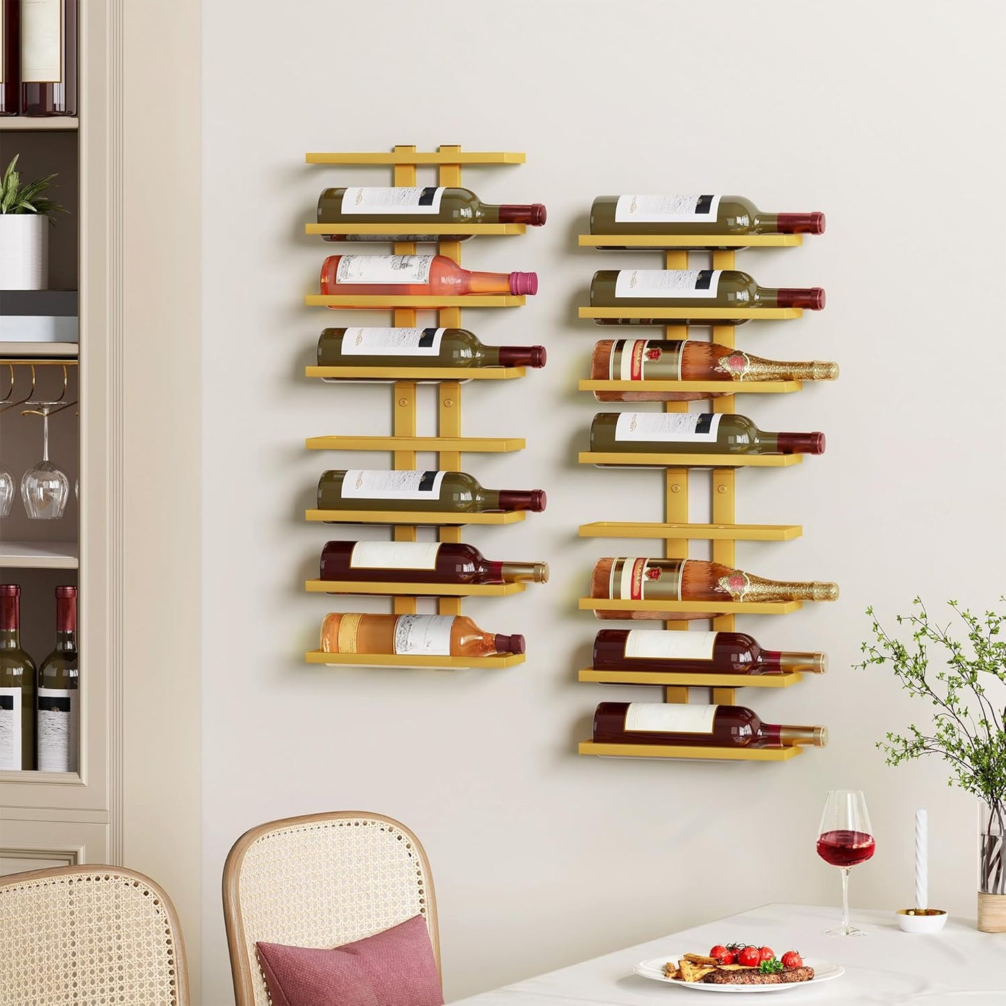 Hoctieon 8 Tier Wall Mount Wine Rack, Wall Racks for Wine Bottles Display and Storage, Hanging Bottle Organizer for Living Room, Dining Room, Wine Cellar, Bar, Gold