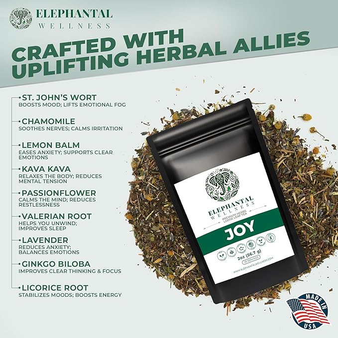 Elephantal Wellness Premium Joy Herbal Tea | Mood & Emotional Balance Support with St. John’s Wort, Kava, Ginkgo & Lavender | Handmade, Non-GMO, Caffeine-Free Loose Leaf Blend, 2oz, 20 Servings
